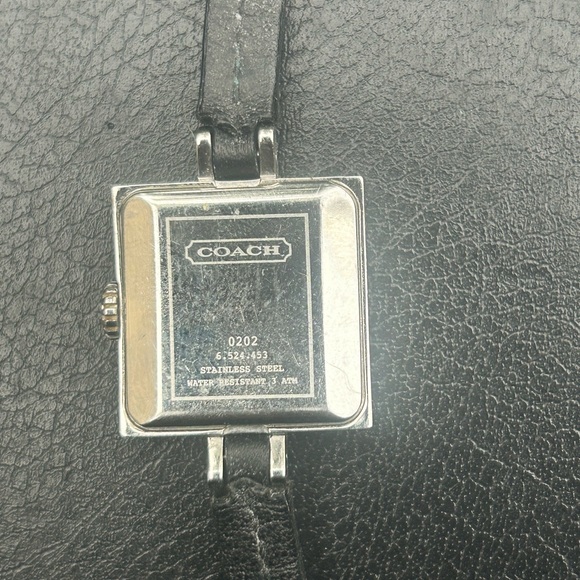 Coach Silver Square Face Watch with Black Leather Strap